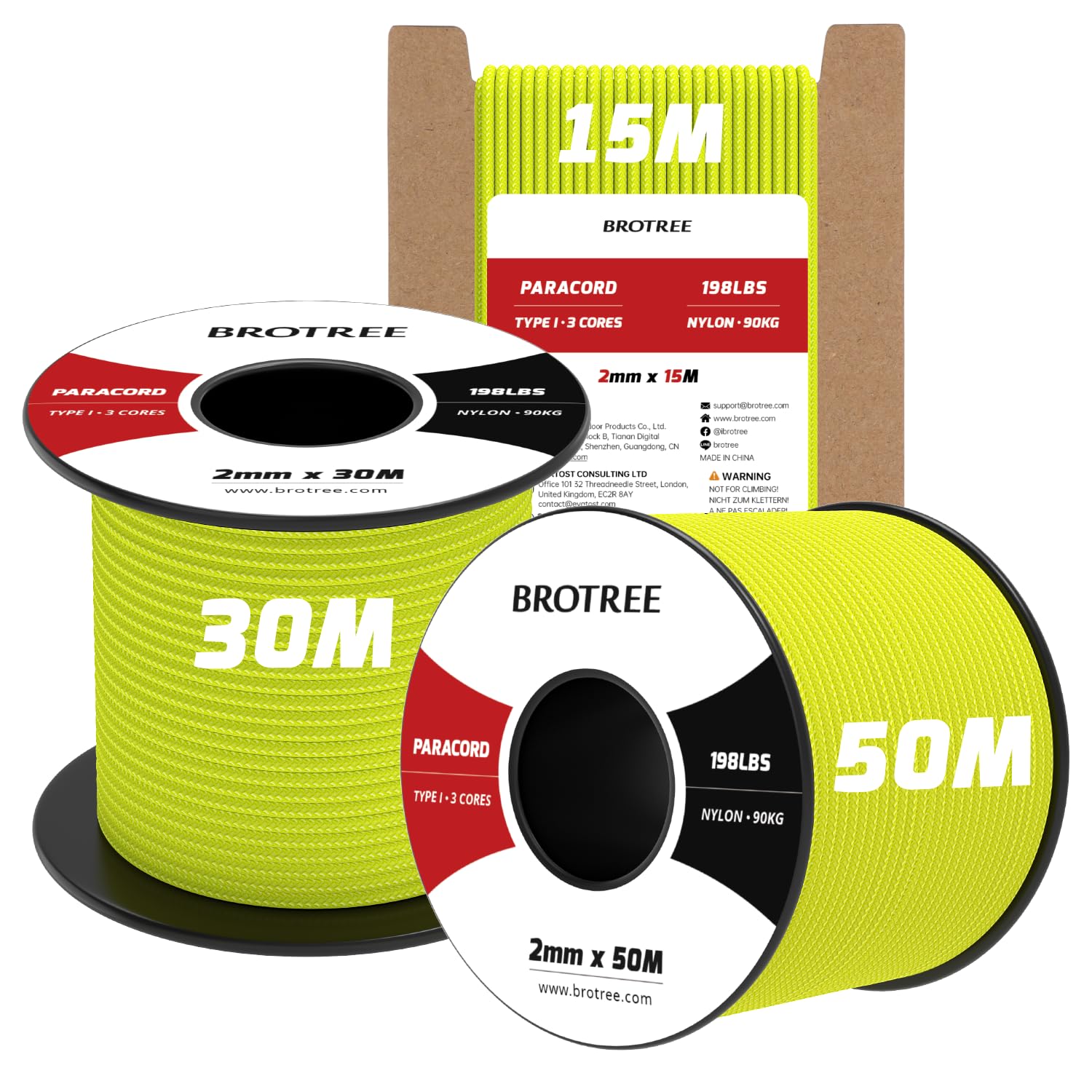 Brotree 2mm Paracord 3 Strands 50M 100% Nylon Rope Parachute Cord for Outdoor, Craft, DIY - 90kg Breaking Load (Neon Yellow)