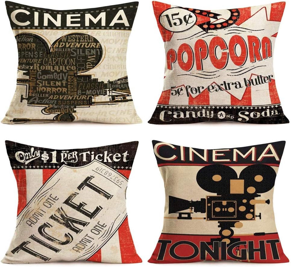 KROWMAET Retro Cinema Popcorn Movies Pattern Printed Rustic Couch Pillow Cases Set of 4 Home Decorative Soft Bed Cotton Pillow Covers Summer Cushion Case Cover (Two Sided)