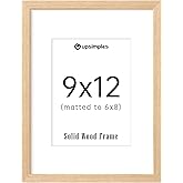 upsimples 9x12 Frame, Natural Solid Wooden Picture Frames, Display 6x8 with Mat or 9 x 12 Without Mat, Wall or Tabletop, 1 Pack, Natural