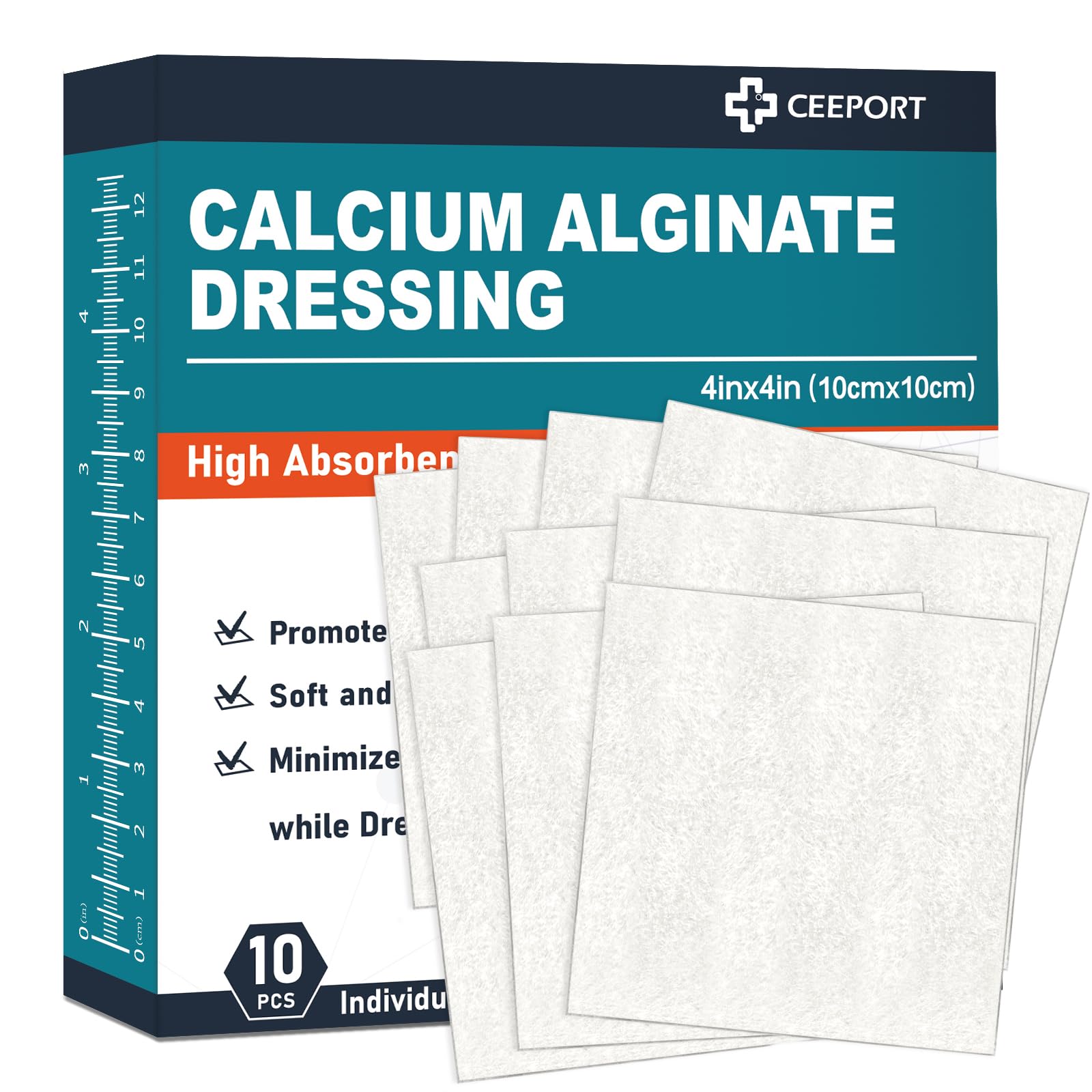 Photo 1 of Ceeport Calcium Alginate Wound Dressing Pads, 4'' x 4'' Patches [10 Individual Pack], High Absorbency Dressing, Soft Wound Care Products, Comfortable & Gentle and Non Stick Gauze Pads for Wound Care
