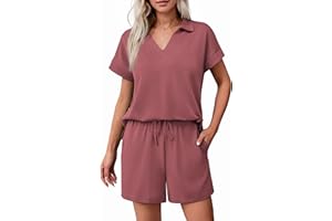 PINSPARK 2 Piece Sets for Women Summer Lounge Sets Short Sleeve Sweatsuit V-neck Tops and Drawstring Shorts Outfits Tracksuit