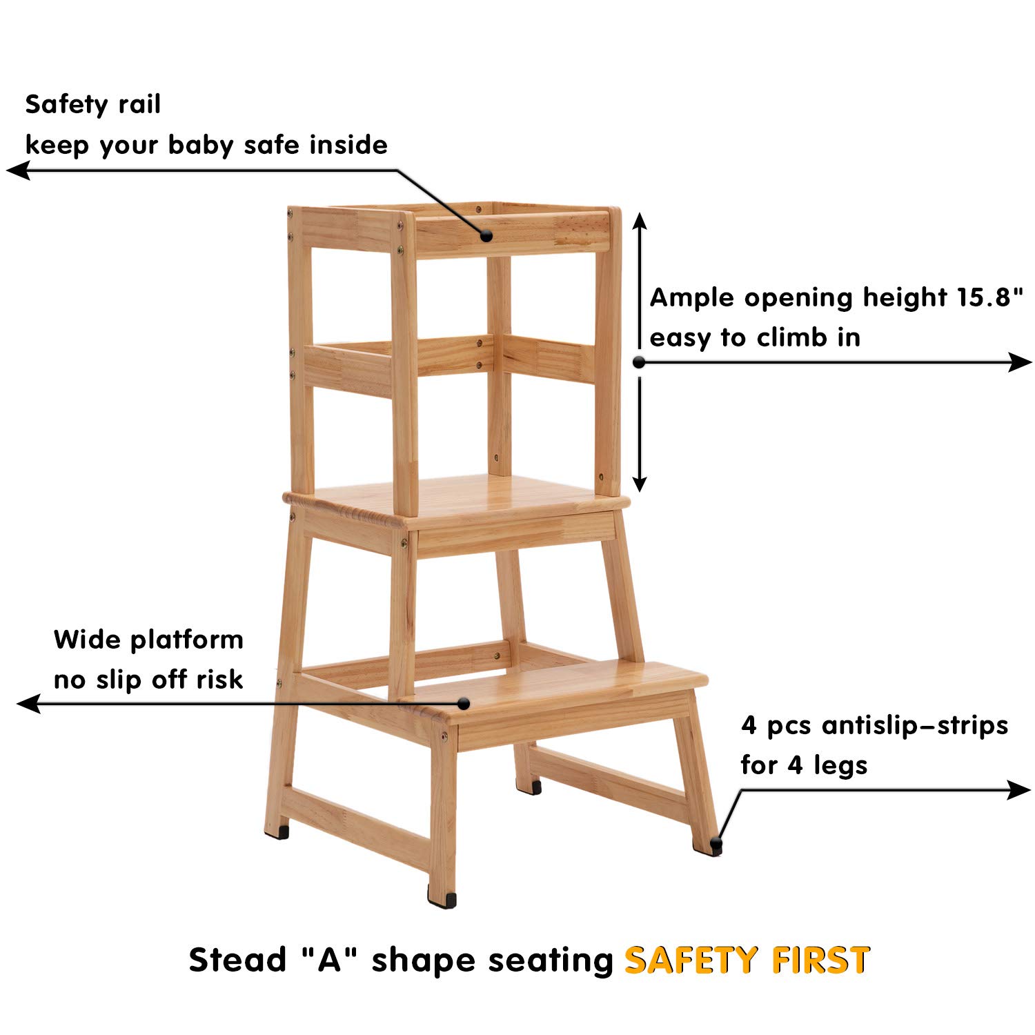 Kitchen Helper Step Stool for Kids and Toddlers with Safety Rail Children Standing Tower for Kitchen Counter, Mothers' Helper Kids Learning Stool, Solid Wood Construction (Natural) : Baby