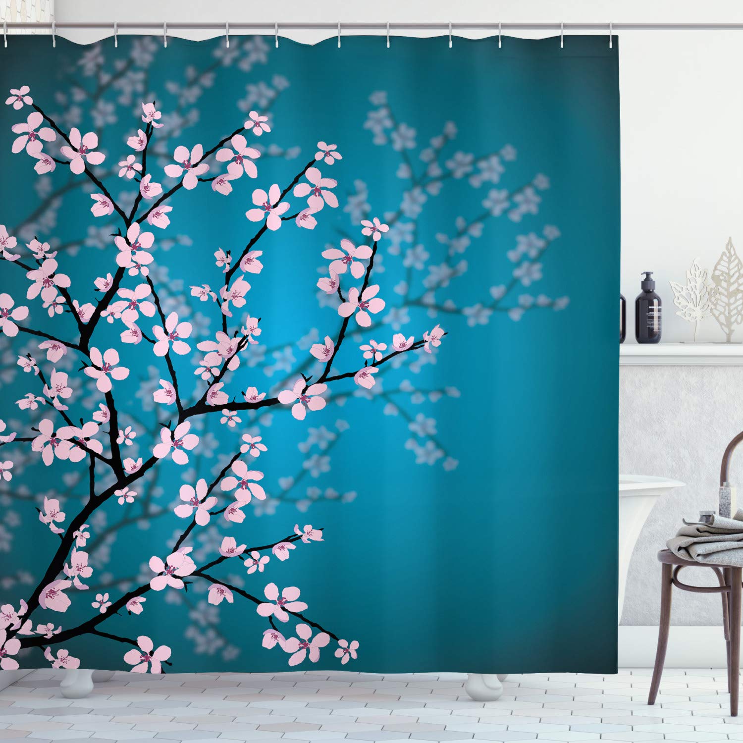 ABAKUHAUS Japanese Shower Curtain, Spring Season Sakura Bloom Design Marine Toned Ombre Background, Cloth Fabric Bathroom Decor Set with Hooks, 175 x 200 cm, Petrol Blue Light Pink