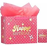 MotiGiftie 13" Pink Happy Birthday Gift Bag with Tissue Paper and Greeting Card for Party, Happy Birthday Gift Bag for Men Women, Hot Stamping Gift Bags