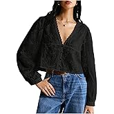SHENHE Women's Floral Embroidered Long Sleeve Button Crop Blouse Sheer Dressy Top Shirt
