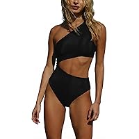 Fisoew Women's One Piece Ribbed Swimsuit One Shoulder Cutout
