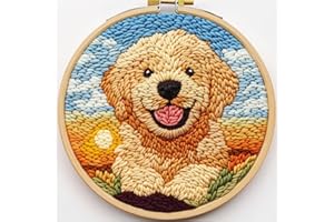GENERIC DIY Punch Needle Kits for Beginners Cute Puppy Golden Retriever Dog with Hoop Punch Needle Starter Craft Embroidery Set Easy for Adults and Children Festival Gift and Decoration 20x20cm-2