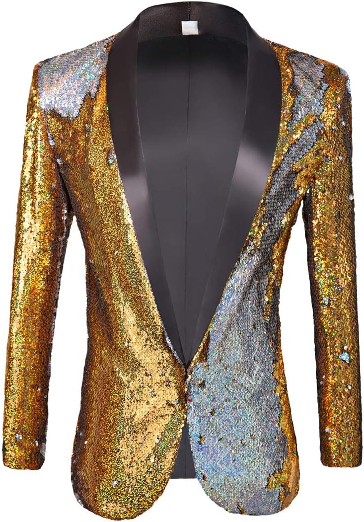 PYJTRL Men Stylish Two Color Conversion Shiny Sequins Blazer Suit Jacket