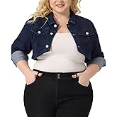 Agnes Orinda Plus Size Denim Jacket for Women Long Sleeve Washed Button Jean Crop Denim Jackets