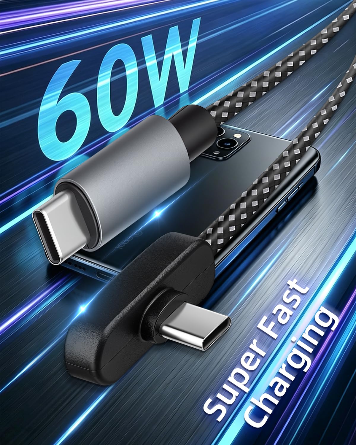 RIIEYOCA 60W USB C auf USB C Kabel, 3er-Pack (1m/1,5m/2m) 90 Grad Winkel USB-C Kabel 3A Schnellladekabel, Typ C auf C Ladekabel, kompatibel mit Smartphone, Tablet, Laptop, Carplay 2