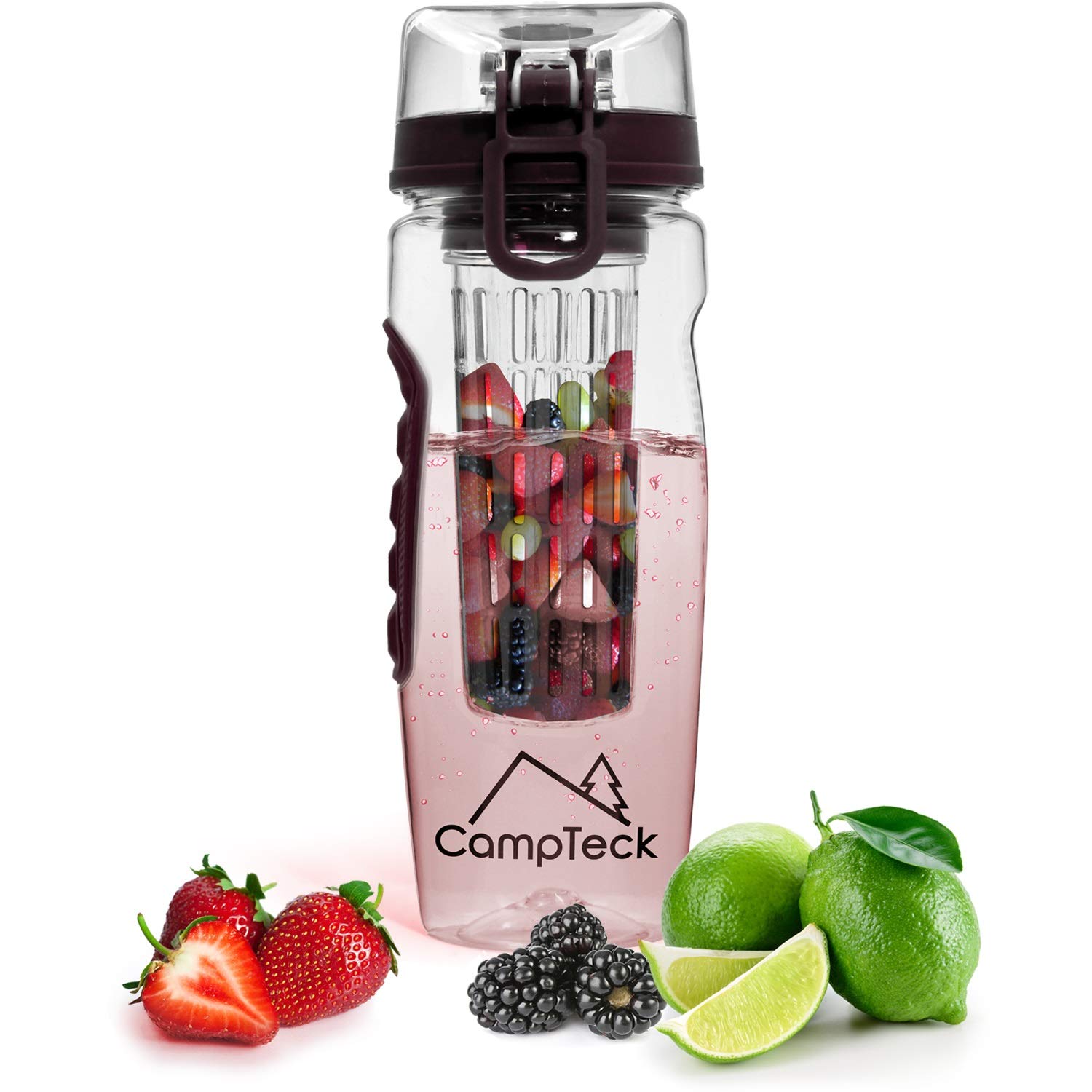 CampTeck 1 Litre 1000ml Fruit Infuser Water Bottle (BPA Free Tritan Plastic) with Leak Proof Lid + Lock & Carry Handle - Black