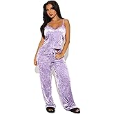 yidengymx Womens Velour Pajama Sets 2 Piece Velvet Spaghetti Straps Crop Top Wide Leg Long Pants Sleepwear for Women