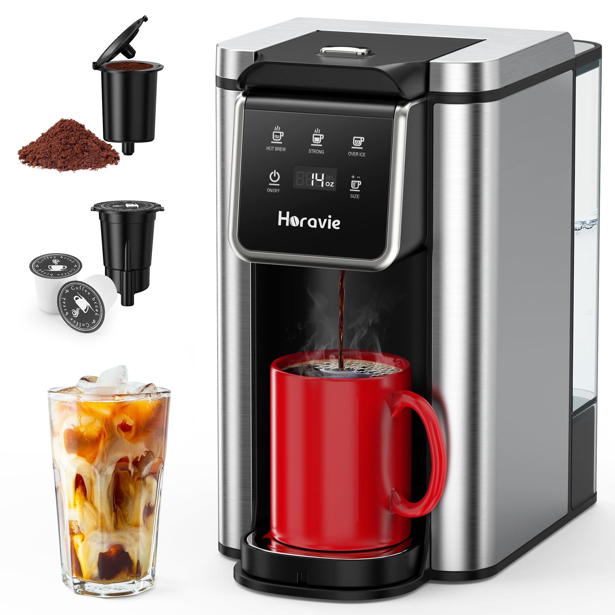 Photo 1 of ****UNTESTED ITEM**** Single Serve Coffee Maker for K-Cup Pod and Grounds, Hot and Iced Coffee Maker, Strong Button Feature, 6 to 14oz Brew Sizes, 50oz Removable Reservoir, Up to 6.5 Inch Cup, Stainless Steel, Black