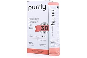 Purrly Hydrating Wet Cat Treat Snack Topper Creamy Purée Human-Grade Chicken Breast & Salmon with Omega-3 & 6 for Skin & Coat (30 Count) Healthy Lickable Squeeze Soft Snack
