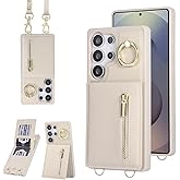 KYFSJPT Crossbody Wallet Case for Samsung Galaxy S25 Ultra, with Card Slots Zipper Pocket Case, Flip Folio Purse RFID Blocking with Ring Kickstand Detachable Strap-Beige