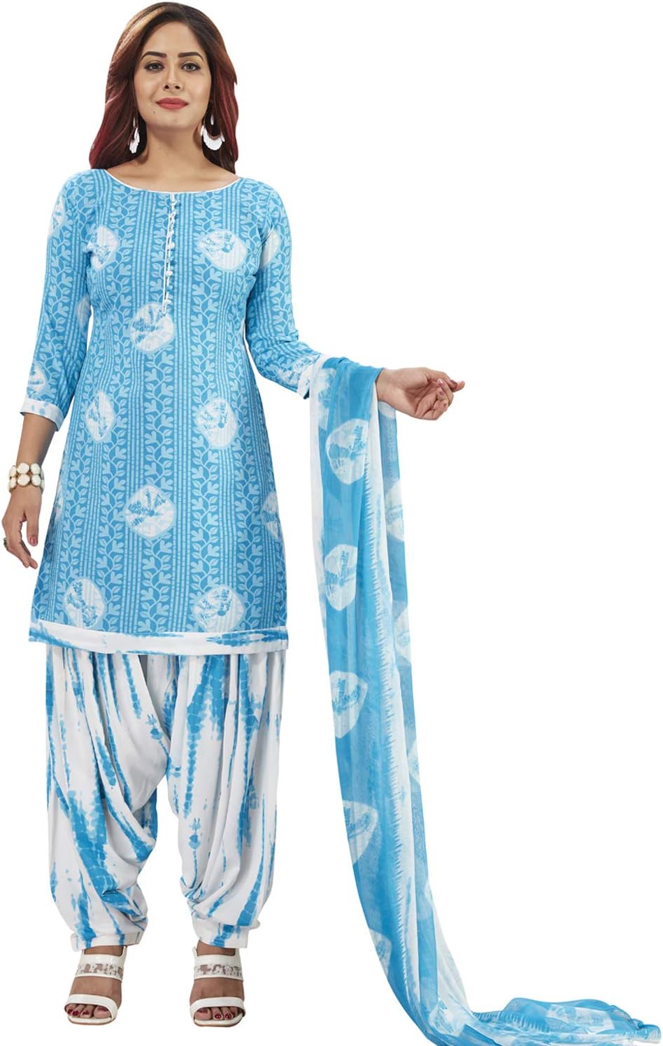 Areum Womens Sky Blue White Tie-Dye Printed Unstitched Synthetic Dress Material With Printed Dupatta