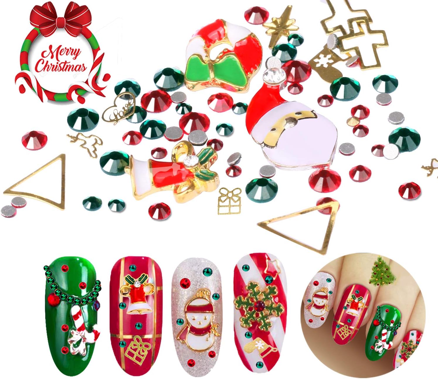 Christmas Nail Rhinestone Set - 3D Christmas Sparkling Flatback Metal Nail Art Charms and Nail Gems, Hollow Christmas Shaped Tiny Studs for Nail Decoration