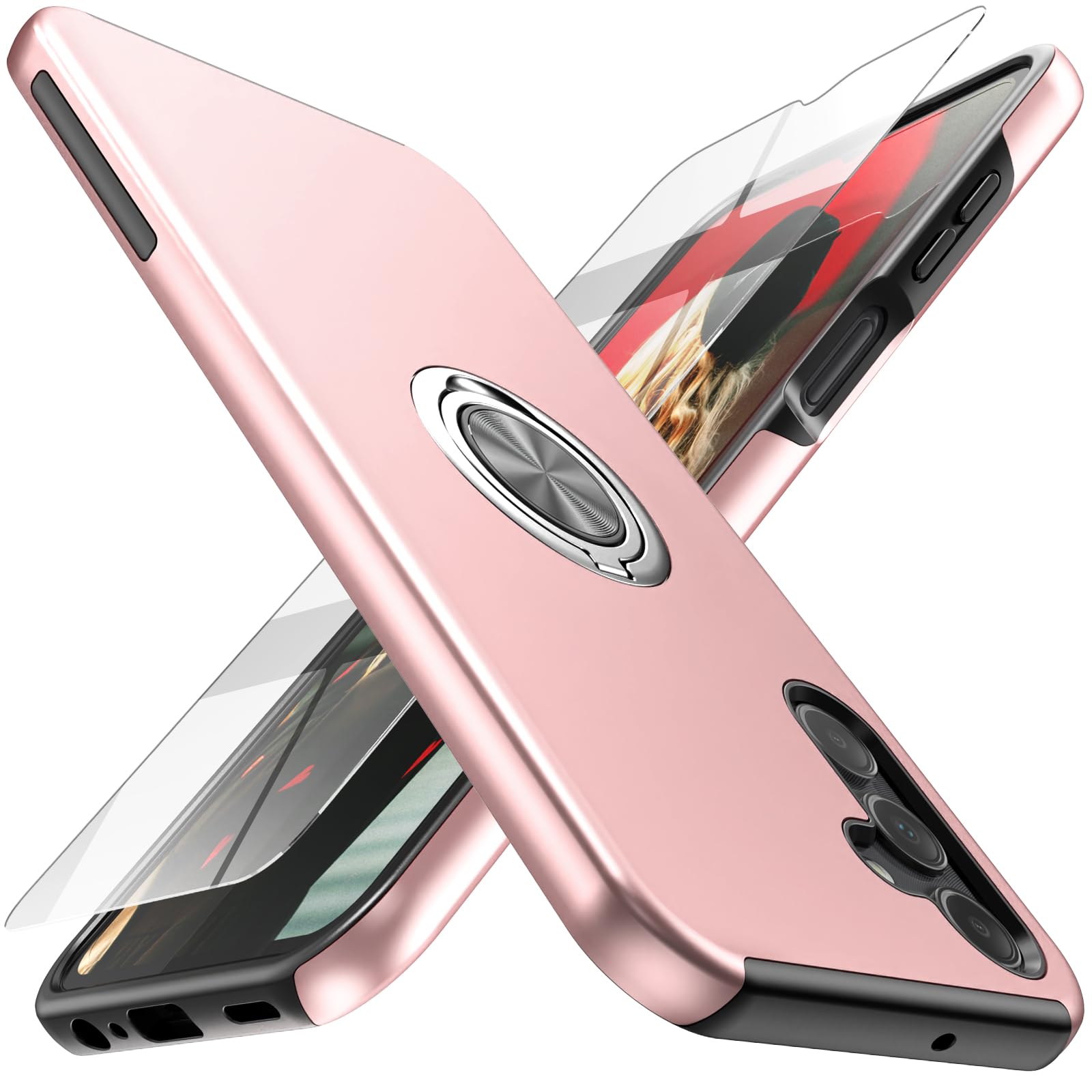 Yamink for Galaxy A14 5G Case with Screen Protector(Tempered Glass),Hybrid 2 in 1 Protective Slim Fit Sturdy Phone Case with Invisible Magnetic Ring Kickstand for Galaxy A14 5G 6.6 Inch,Pink