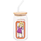Silver Buffalo Muppets Featuring Miss Piggy Glass Jar Tumbler with Bamboo Lid and Glass Straw, 16 Ounces