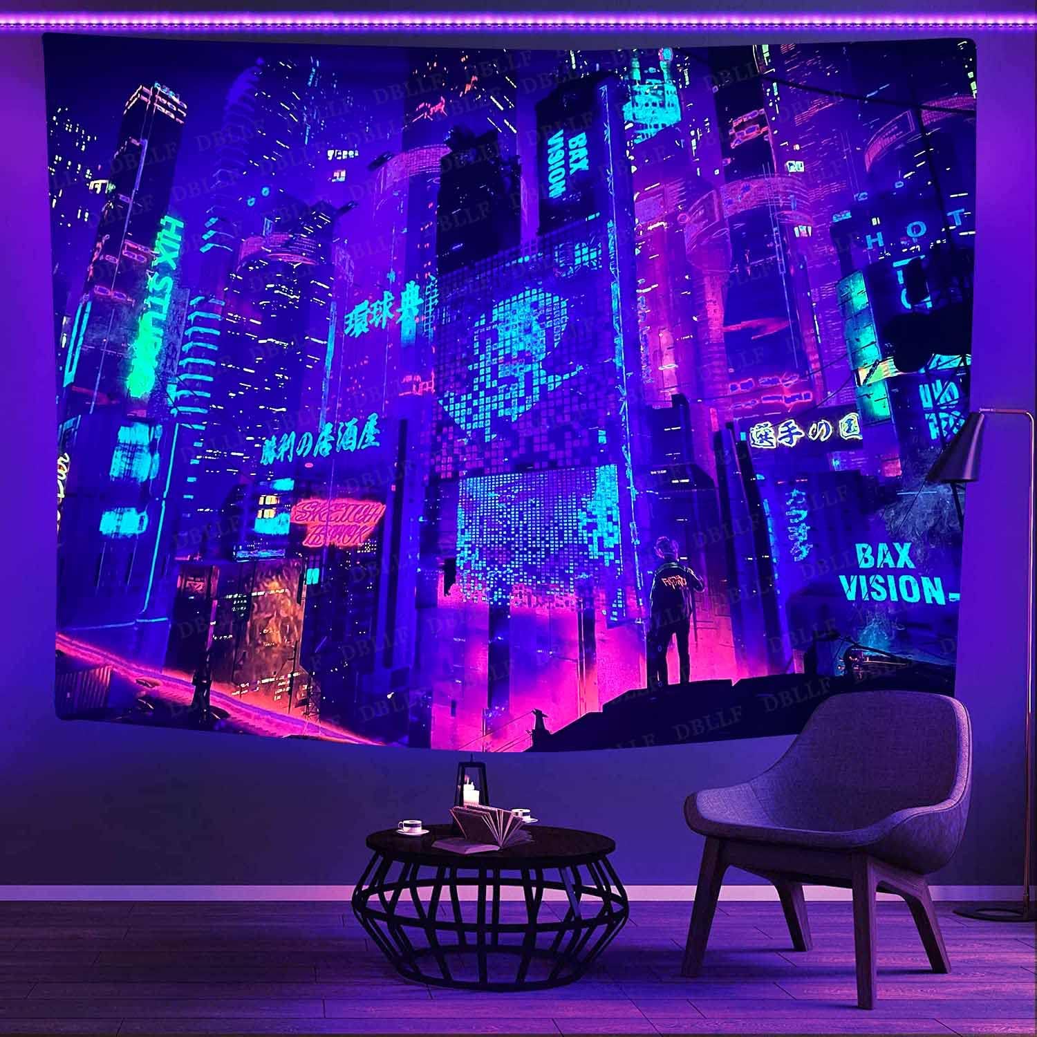 Tapestries - DBLLF Punk Game Tapestry Fantasy Cityscape Blacklight Tapestries UV Reactive Japanese Anime Light Night City 80x60 Inch Futuristic Skyscraper City Tapestry Room Decor for Living Room Bedroom YGTYYDB6