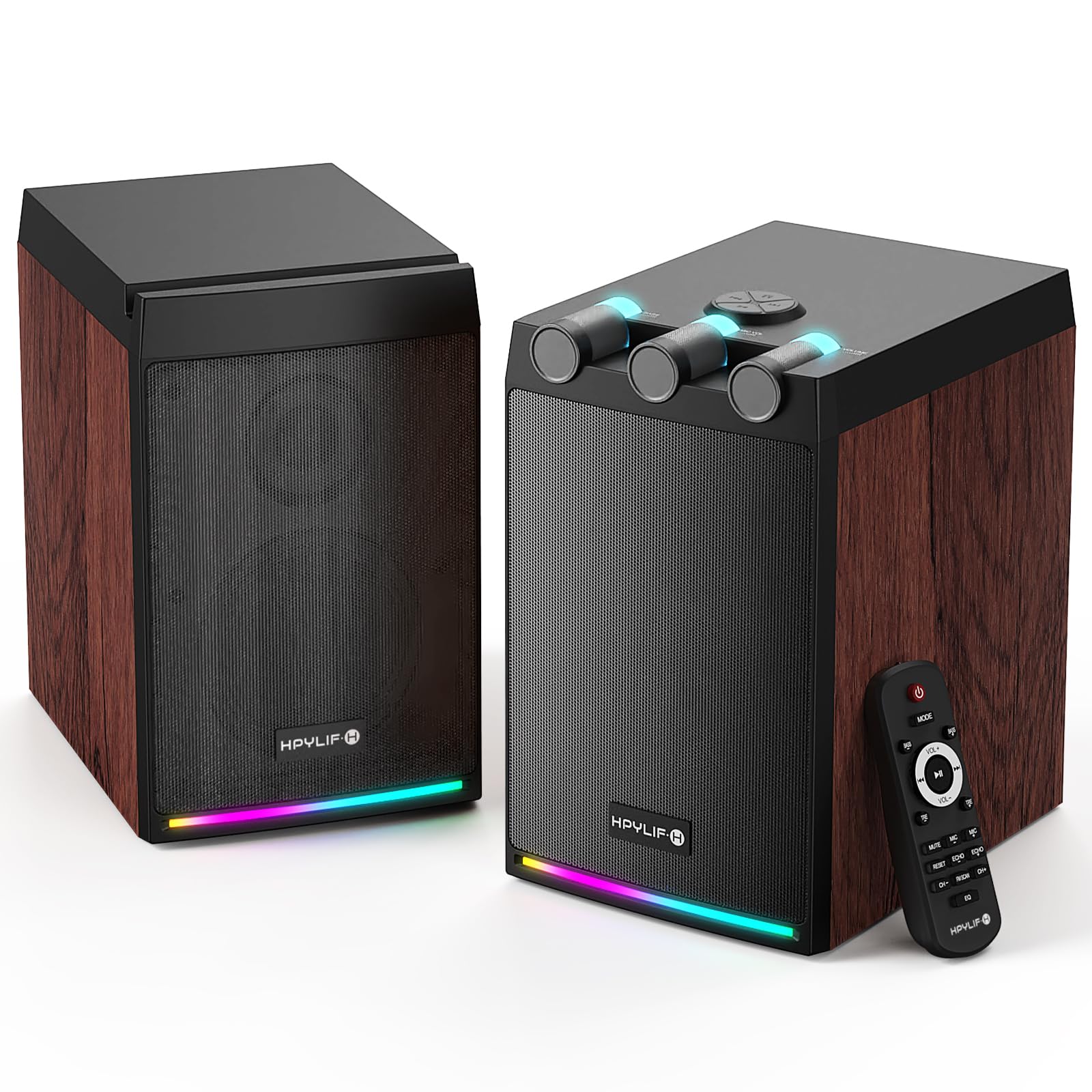 Photo 1 of 100W Powered Bluetooth Bookshelf Speakers,2.0 Wireless HiFi Speaker with Subwoofer and Led Light,Dynamic 3D Surround Sound,for Home Music,Vinyl Records, Home Theatre, Gaming,TV -Wood Grain