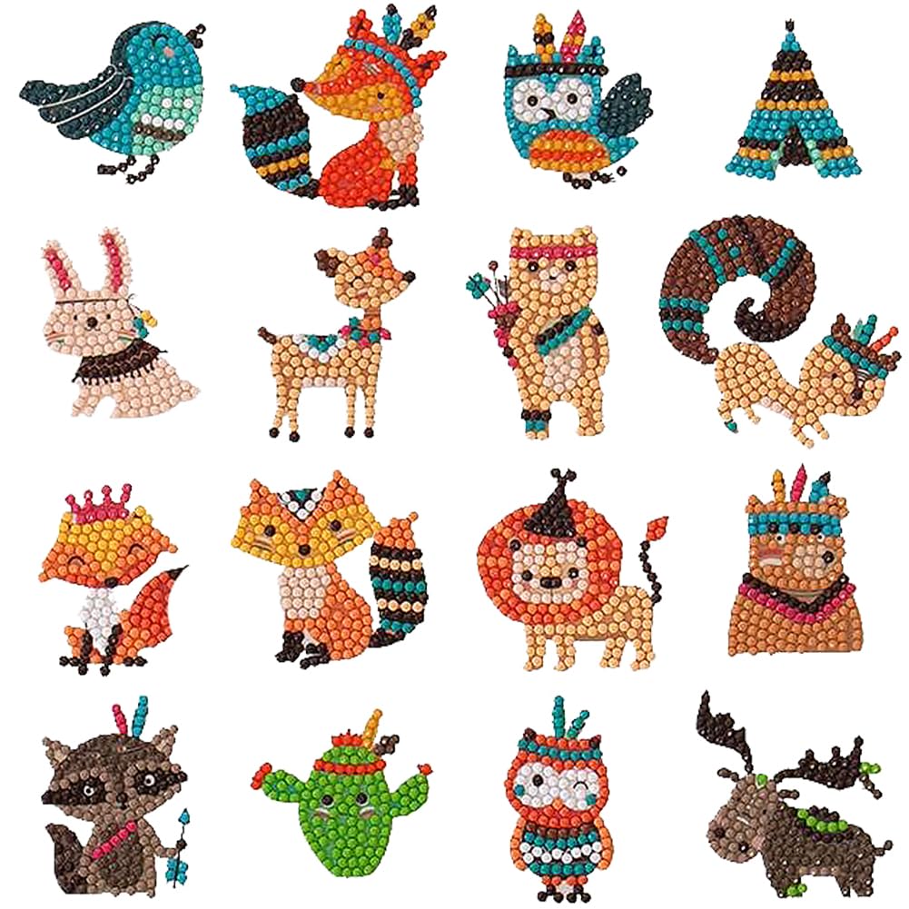 SUNNYCLUE 16Pcs Diamond Art Animal Stickers Mini Diamond Art Painting Assorted Acrylic Rhinestones Arts Activity Card Craft Animals Mosaic Sticker Kit for DIY Crafting School Exchange Gifts Beginners