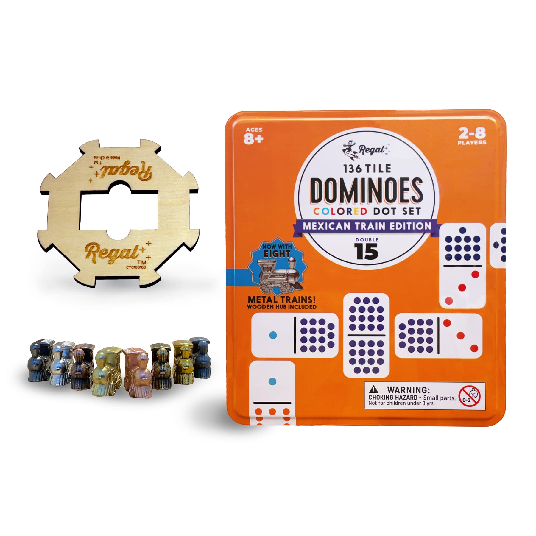 Regal Games - Premium Double 15 Mexican Train Dominoes in Collector’s Tin - Colored Dot Dominoes Game Set, Family-Friendly - 136 Tiles, 8 Metal Trains, Wooden Hub - 2-8 Players Ages 8+