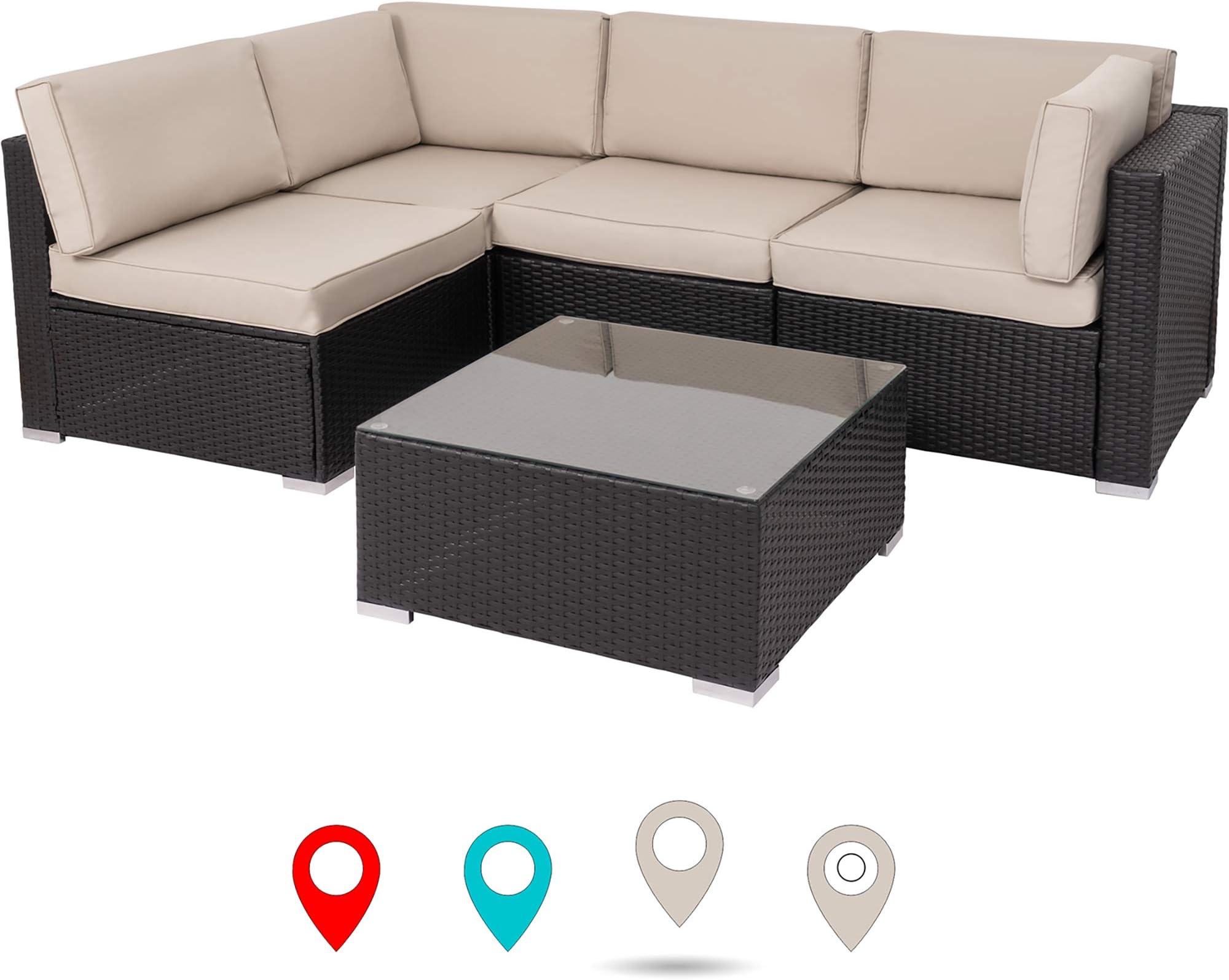 Walsunny Outdoor Black Rattan Sectional Sofa- Patio Wicker Furniture Set Conversation Sets with Tea Table&Washable Couch Cushions (Khaki)