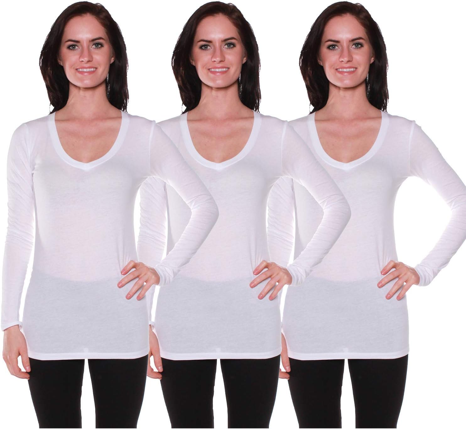 Women's Long Sleeve V-Neck T Shirts 3 Pack(3 Wht-2X)