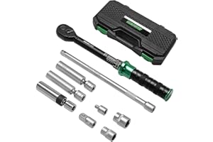 LLAVETOR 9Pcs Spark Plug Socket Set 3/8" 5-45Ft.lb Torque Wrench with Universal Spark Plug Socket, 1/2 and 1/4 Adapters and Extension Rod