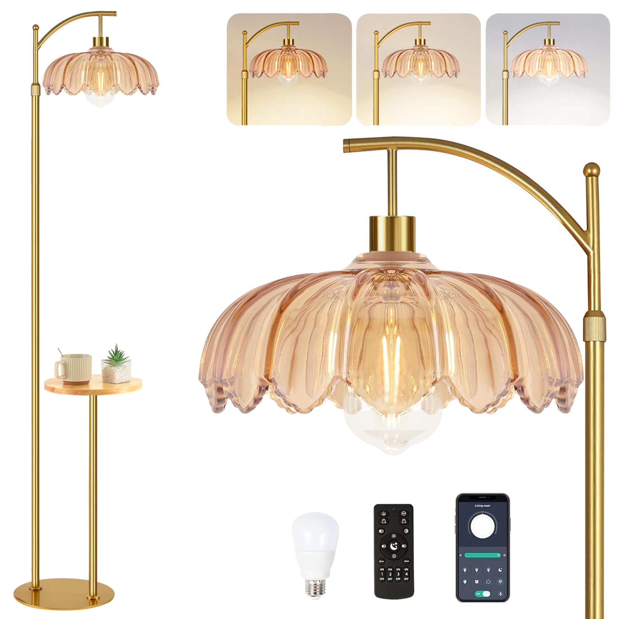 Photo 1 of QIYIZM Gold Floor Lamp with Table and Shelves for Living Room Bedroom,Glass Standing Lamp with Remote Dimmable,Boho Brass Tall Lamp Vintage Farmhouse Arc Flower Floor Light Bohemian