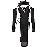 MEOWCOS Women's Bodycon Dress Gothic Ninja Style Lace up Slit Dress and Hooded Top Black