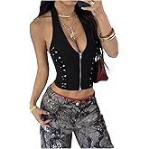 Milumia Women's Lace Up Backless Halter Top Y2K Zipper Slim Fit Going Out Crop Tops
