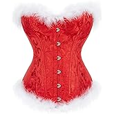 LYSINK Women Christmas Bustier Corset Top Fur Trim Lace Up Boned Overbust Waist Training Shaper Lingerie Cosplay Costume