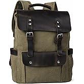 Bebowden Vintage Canvas with Top-Grain Cowhide Leather Backpack, Work Bag for 16-Inch Laptops, Men and Women's Travel Backpack (064-Army Green)