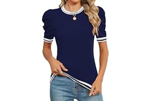 AKEWEI Puff Short Sleeve Sweater for Women Tops Trendy Spring Summer 2025 Business Casual Outfits Knit Crewneck Shirt Blouses