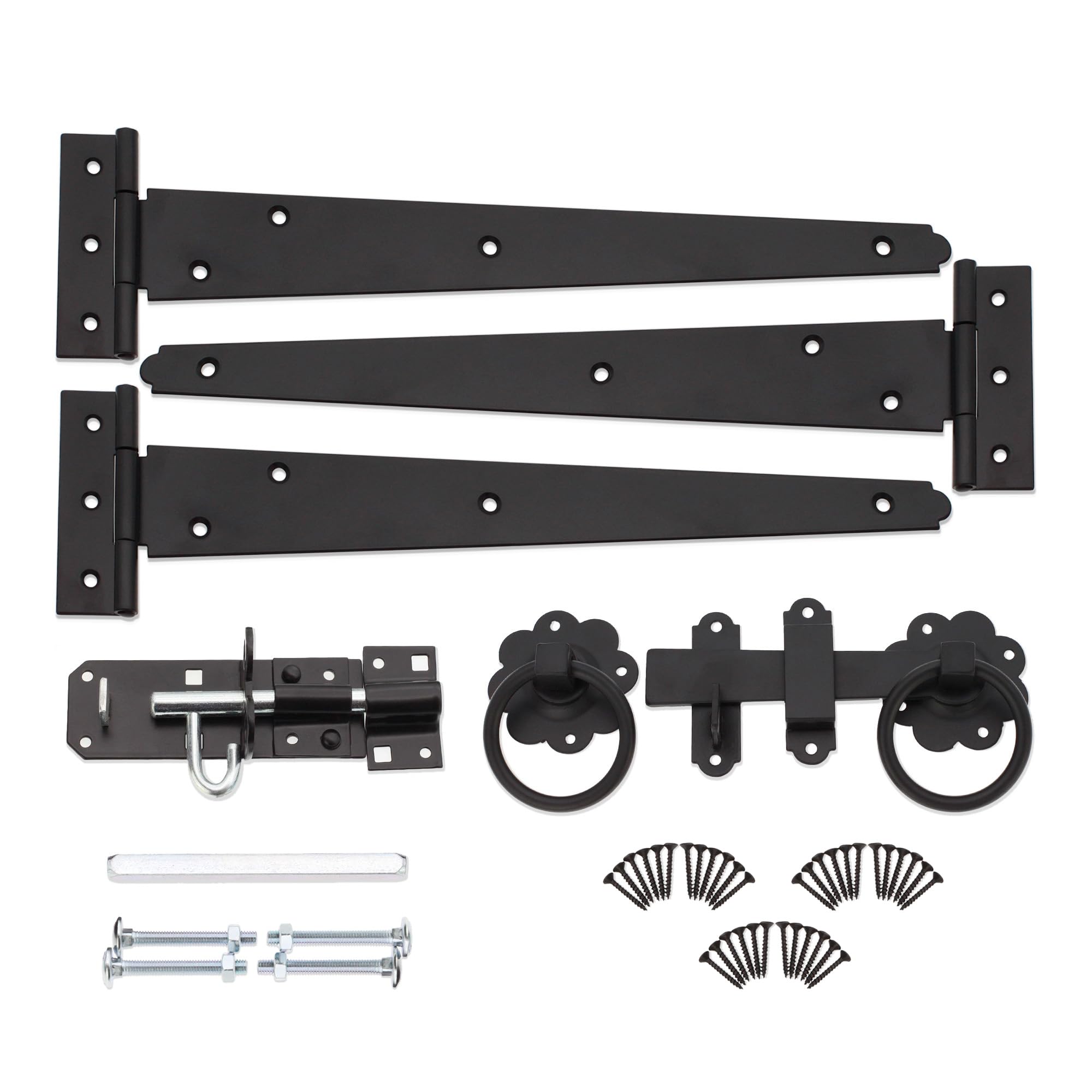 Infinity Decor 12” Tee Hinges (3) Garden Gate kit Plain Ring Latch and Brenton Bolt Wooden Gate Fittings Kit Epoxy Black Finish for Outdoors Doors