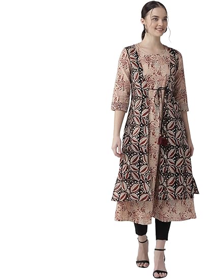 Women's Kantha Dobby A-Line Jacket Style Front Dori Tie Up Kurta
