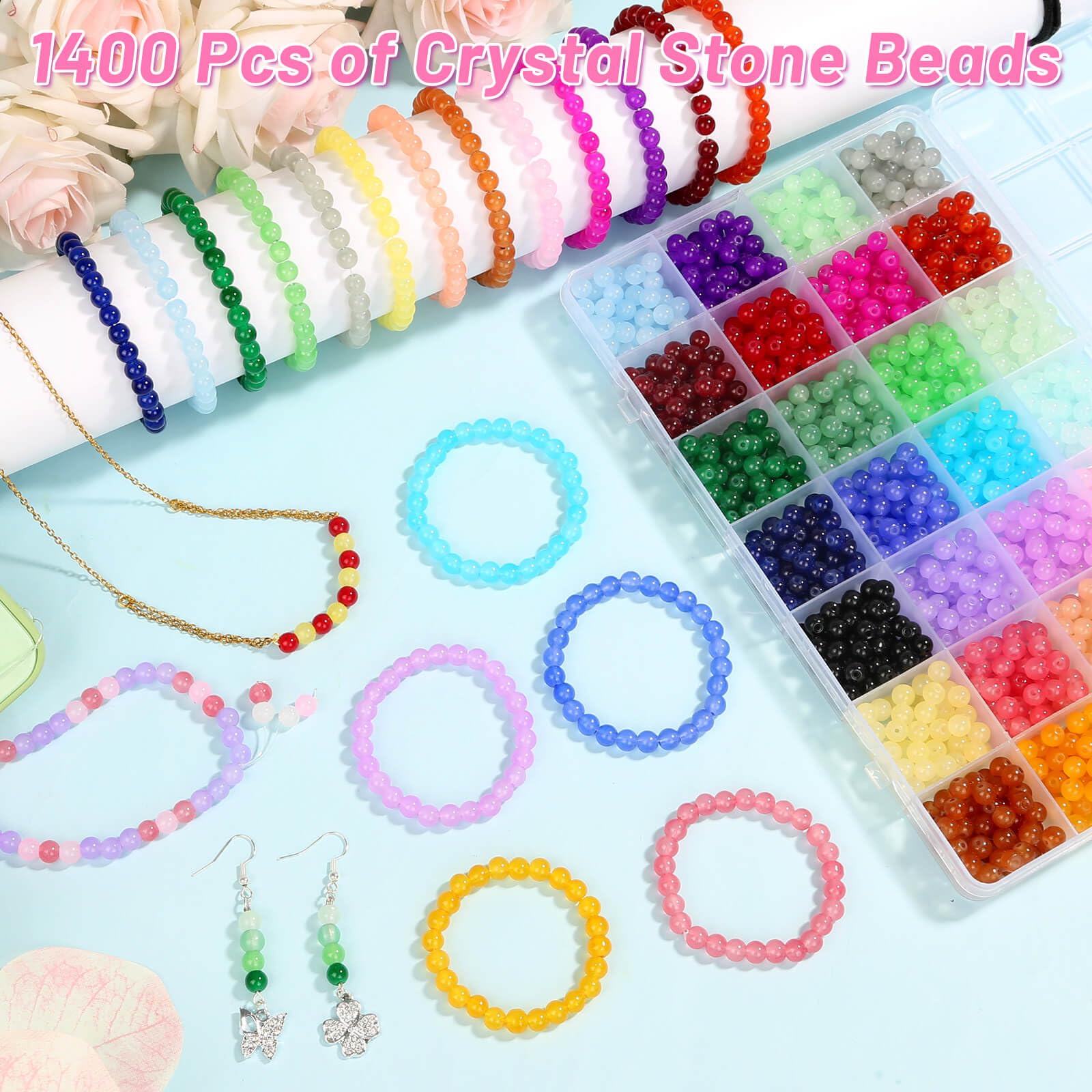 shynek 1400 Pieces 6mm Round Glass Beads for Jewelry Making, 28 Colors Crystal Beads for Bracelets Jewelry Making and DIY Crafts(Solid Color)