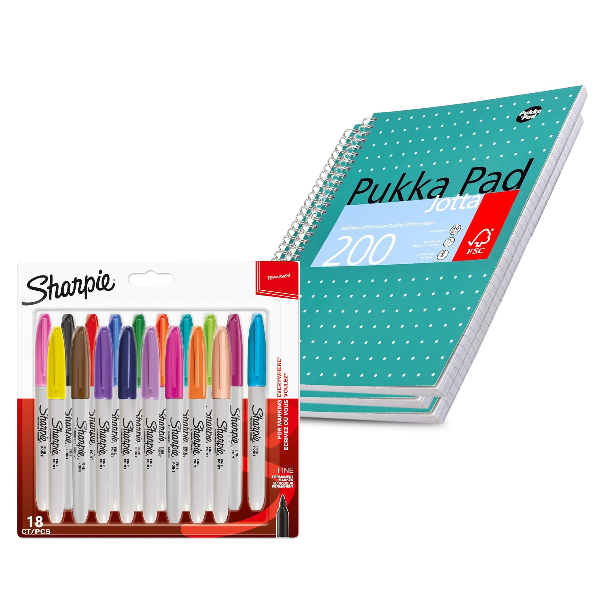 Pukka Pad, A4 Metallic Jotta Book 3 Pack, Wirebound Notebook with 8mm Lines and 80GSM Paper, 4-Hole Punch Margins 200 Pages & 18Pcs Sharpie Fine Point Permanent Markers Perfect for Notes & Art