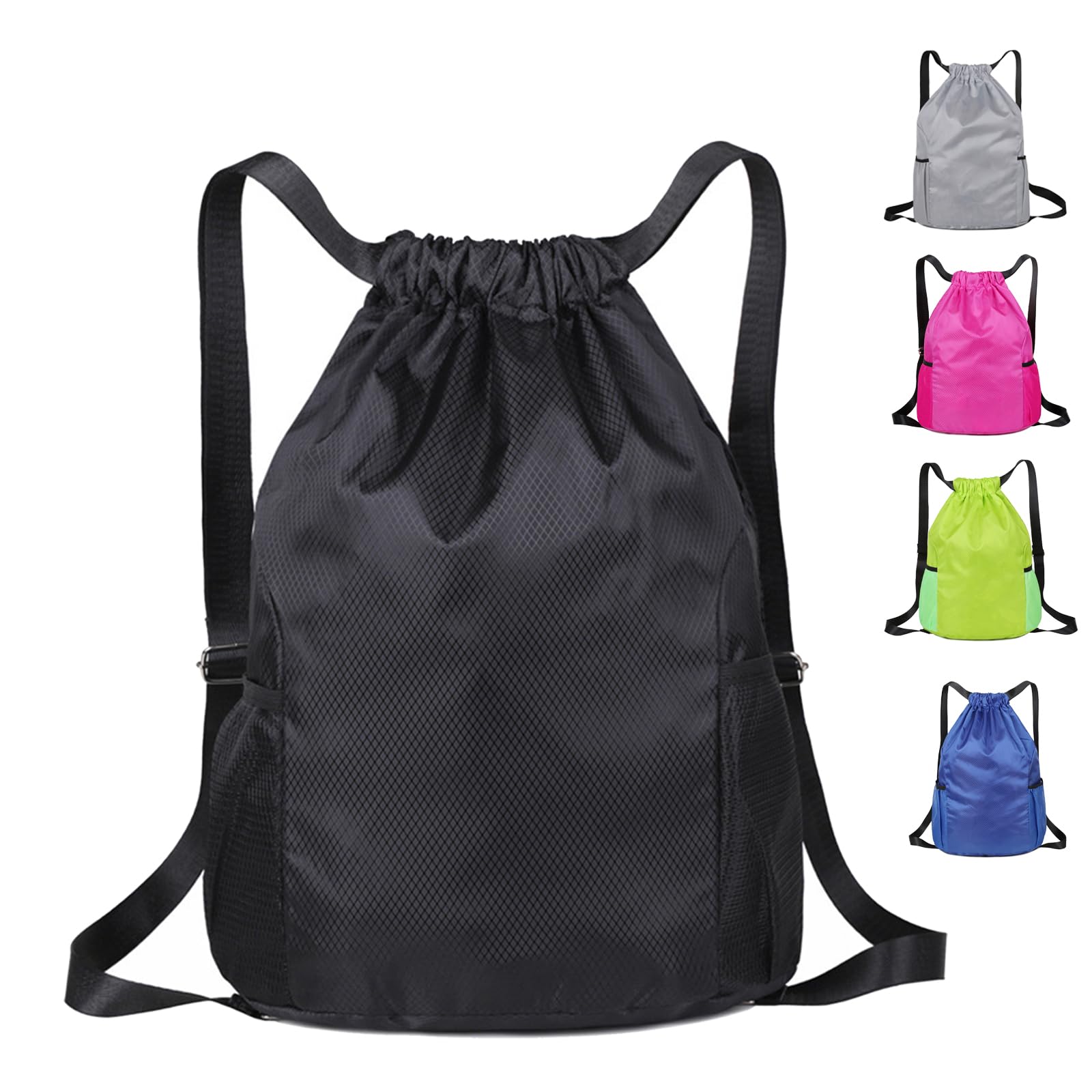 Toced Drawstring Swimming Bag, Waterproof Swim PE Bag for Kids Oxford Fabric Large Sports Backpack String Gym Sack for School Travel Holidays Climbing Hiking(Black)