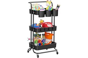 LEHOM 3-Tier Rolling Mobile Utility Cart with Hanging Cups & Hooks & Handle Multifunctional Organizer Storage Trolley Service Cart with Wheels Easy Assembly for Office, Bathroom, Kitchen (Black)