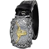 Dubulle Western Cowboy Belt Men's Longhorn Bull Big Buckle Engraved Adjustable Leather Strap for Jeans Casual