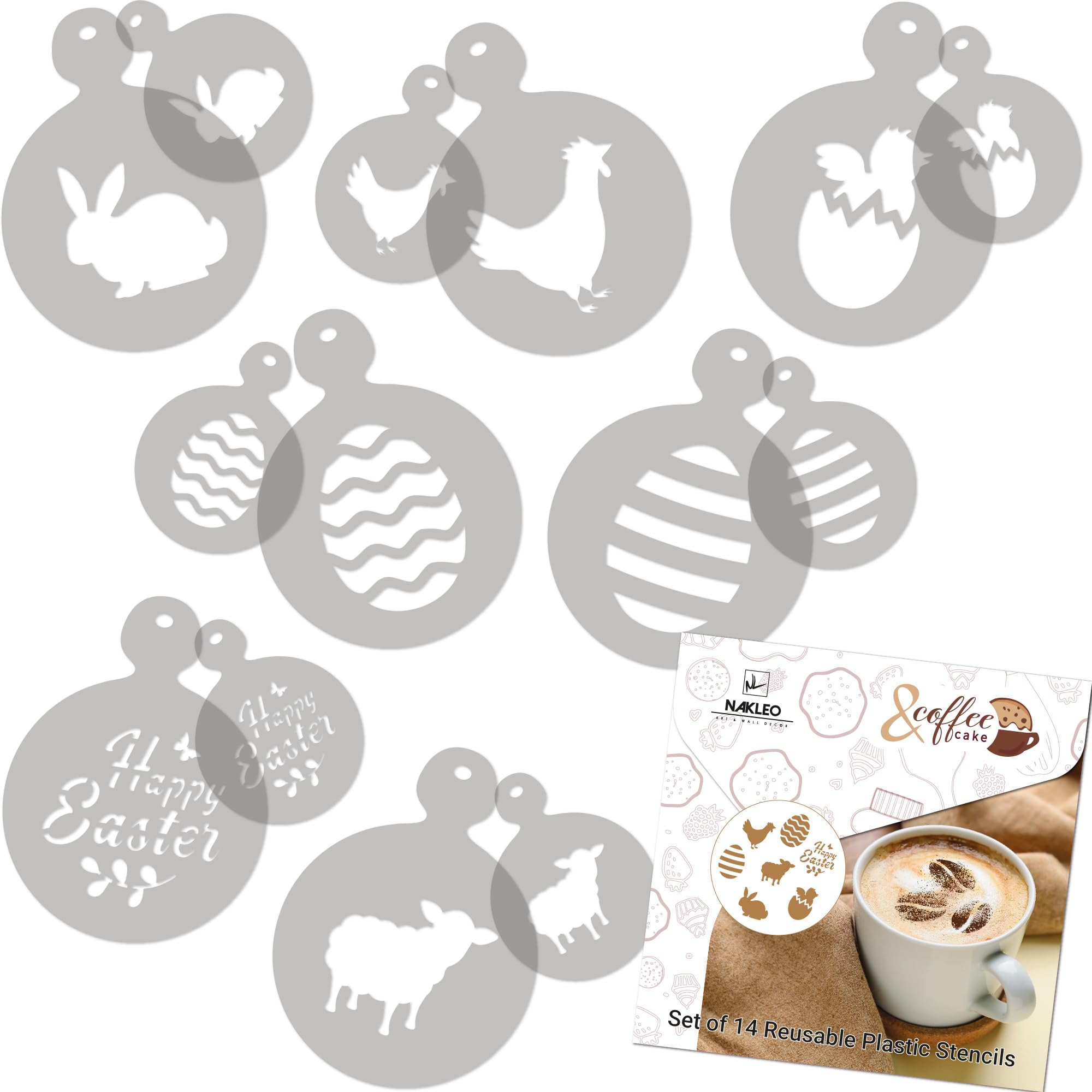 NAKLEO Coffee Stencils and Cookies Decoration 14Pcs 7x7 and 11x11cm, Reusable Plastic Baking Templates, Easter Bunny Basket, Barista DIY Art Craft, Capuccino Latte Chocolate Cake Biscuit Kitchen