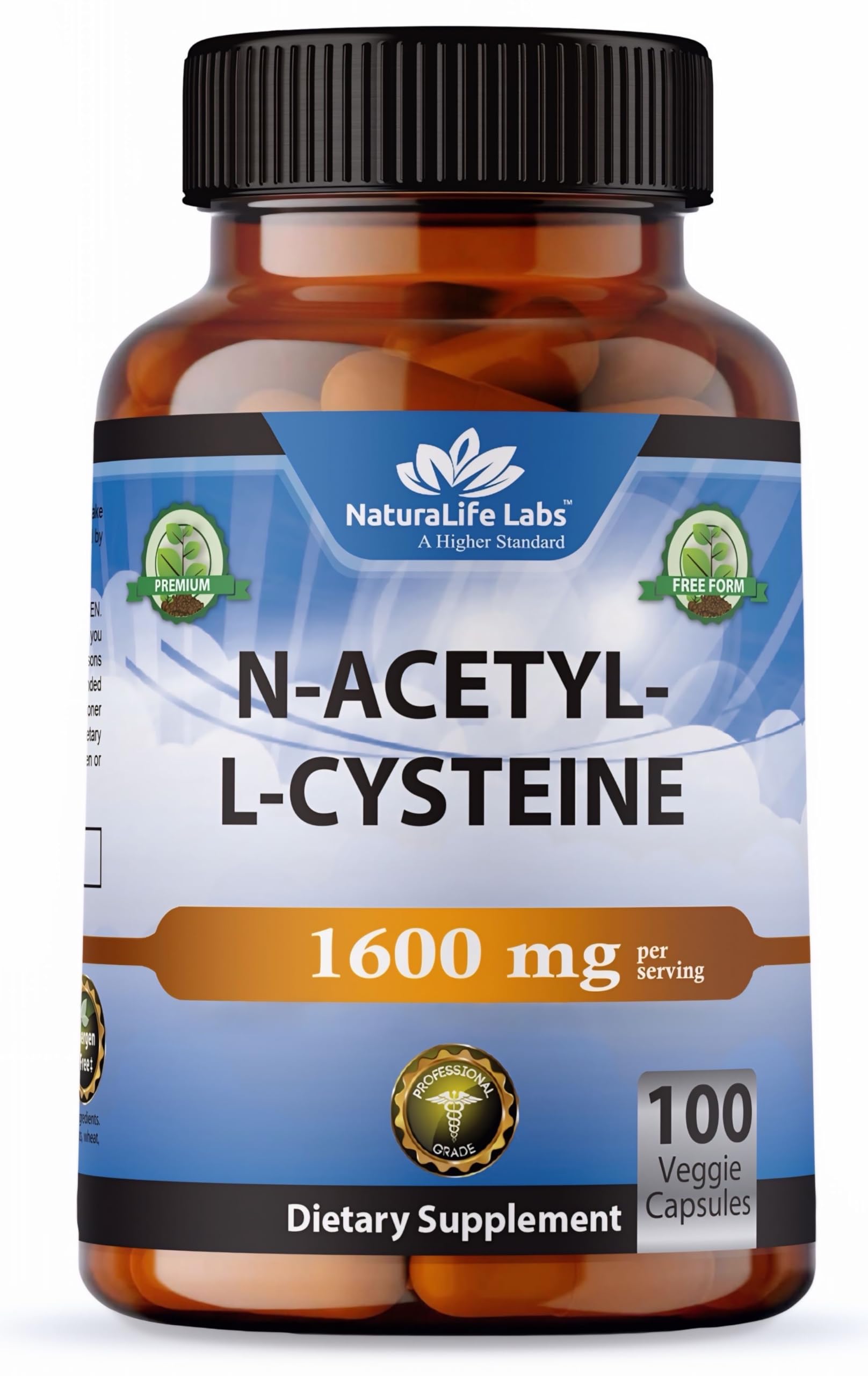 NaturaLife Labs N-Acetyl-L-Cysteine (NAC) 1600 mg – 100 Capsules, Non-GMO & Gluten-Free