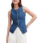 Rseoutlh Women's Denim Vest Sleeveless Button Down Casual Jean Crewneck Waistcoat Denim Top