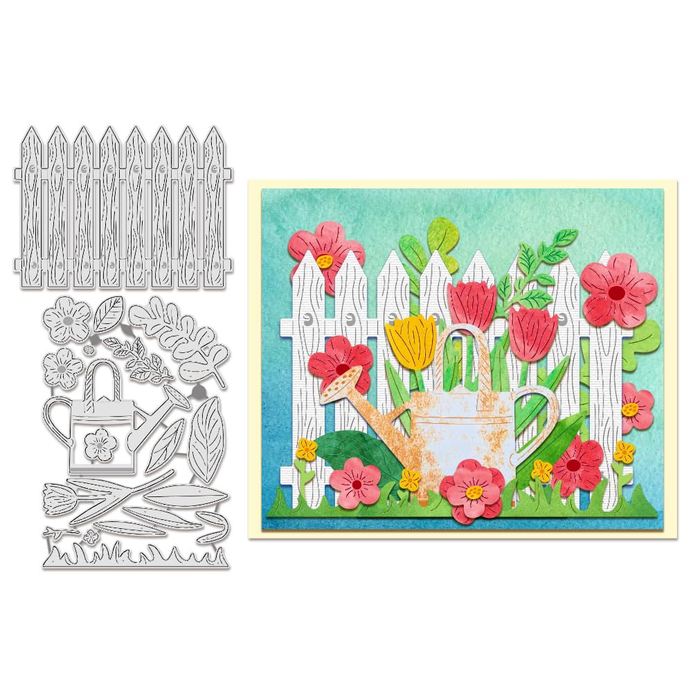 BENECREAT 2pcs Garden Fence Cutting Dies, Flower Watering Can Embossing Stencils Die Cuts for Paper Card Making Decoration DIY Scrapbooking Album Craft Decor