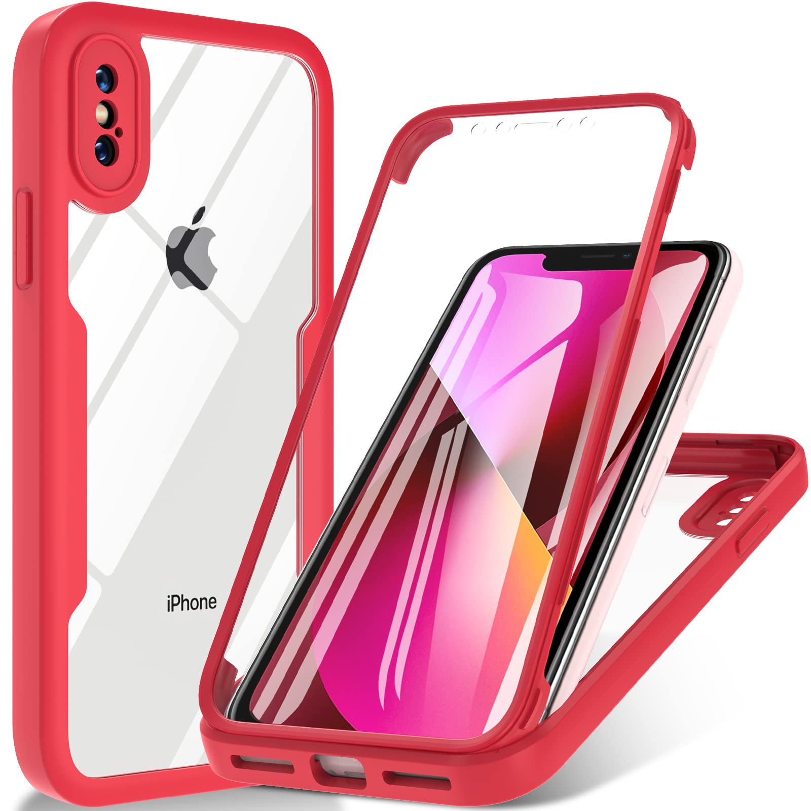 OWKEY for iPhone X Case, iPhone XS Case, [Military Grade Drop] 360° Full Body Shockproof Bumper Case with Built-in Soft PET Screen Protector, Rugged Cover Phone Case for iPhone X|XS 5.8 inch, Red