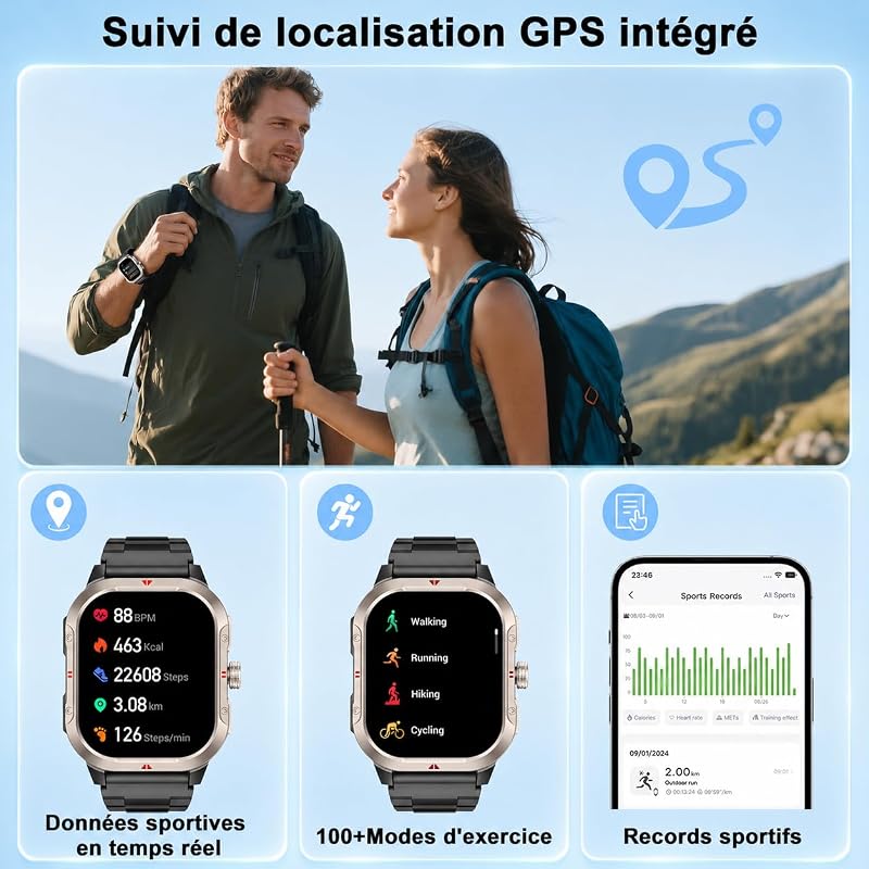 Montre Connectée Homme Militaire, Smartwatch GPS Intégré, Noir