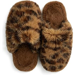 COZERA Leopard Fuzzy Scuff Slippers for Women, Memory Foam House Slippers Indoor Outdoor, Cozy Plush Closed Toe House Shoes